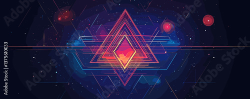 Geometric cosmic triangle with neon highlights on starry background vector.