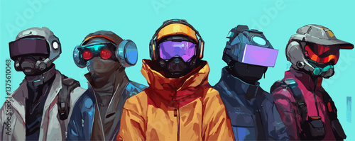 Futuristic cyberpunk characters wearing colored helmets and coats, group of five - vector.