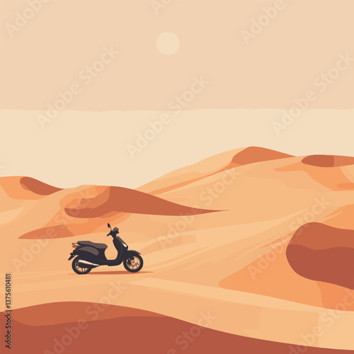 Black scooter in expansive desert under clear sky with rolling sand dunes
