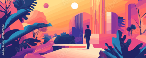 Futuristic sunset cityscape with man standing on terrace in abstract pastel colors - vector.
