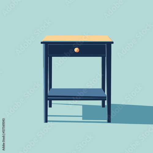 Minimalist blue nightstand with single drawer and shelf against light blue background