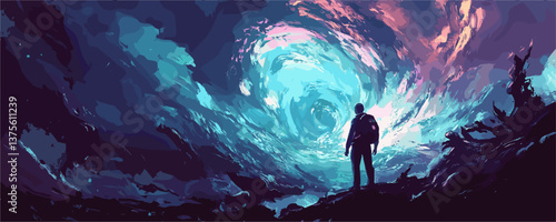 Adventurous man staring into vortex of colors in dreamlike landscape - vector.