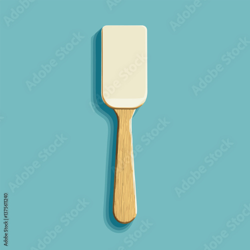Light yellow silicone spatula with wooden handle on a blue background