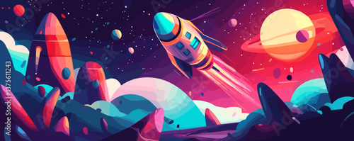 Futuristic space landscape with rocket and planets in colorful cosmic scene, night sky - vector.