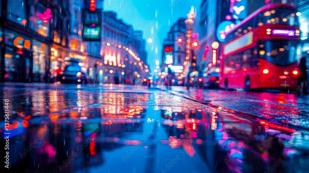 Urban Serenity: Rainy City Street with Reflections, a nighttime scene Urban Serenity: Rainy City Street with Reflections, a nighttime scene