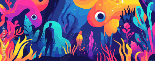 Colorful underwater scene with coral reefs and fish, featuring two human figures - vector.