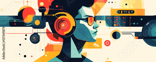 Abstract digital art with futuristic headphones and technology elements - vector.