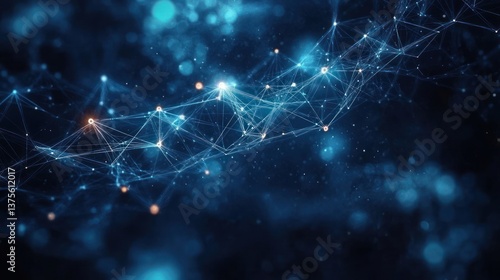 Futuristic Digital Network Visualization with Interconnected Nodes and Lines on Deep Blue Background