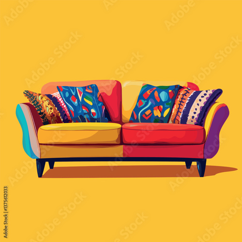 Vibrant multicolored sofa with patterned cushions on yellow background