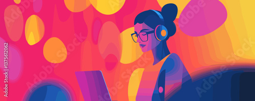 Colorful abstract portrait of woman with laptop and headphones in a vibrant background - vector.