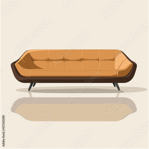 Retro modern brown and tan sofa on reflective surface