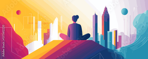 Person meditating on hill with vibrant city skyline and abstract shapes - vector.