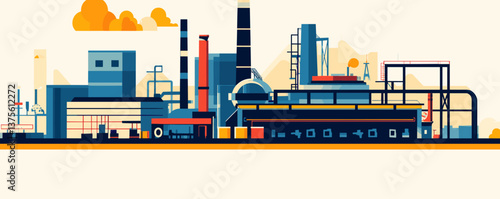 Industrial landscape with factories and chimneys in orange and blue tones - vector.