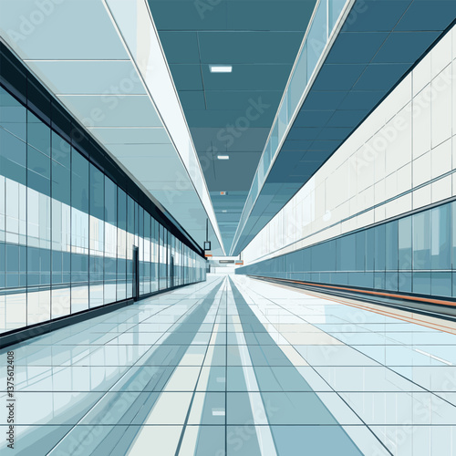 Futuristic empty airport terminal hallway with glass and steel architecture