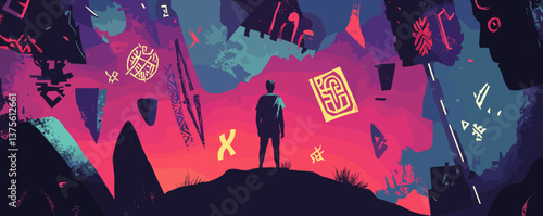 Surreal cosmic landscape with mysterious symbols and lone figure in vibrant colors, vector.