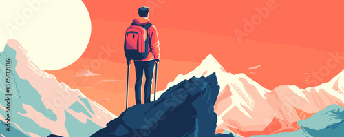 Hiker with backpack admiring mountain landscape at sunset, scenic adventure vector.