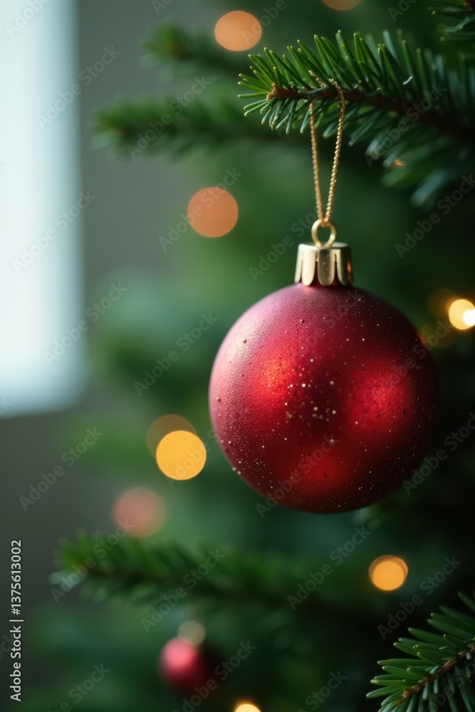 Fototapeta premium Hanging festive glass ball decoration on a Christmas tree branch, holiday, ornament