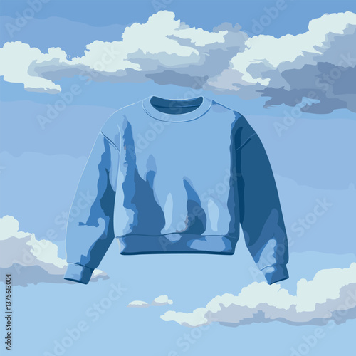 Floating blue sweatshirt surrounded by clouds in a clear sky