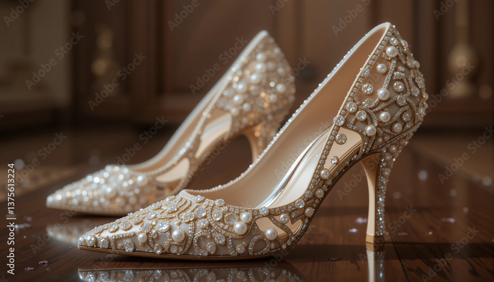 Obraz premium Exquisite Pair of High-Heeled Shoes Embellished with Sparkling Jewels and Delicate Pearls, Resting Elegantly on a Polished Wooden Surface, Hinting at a Luxurious and Celebratory Occasion