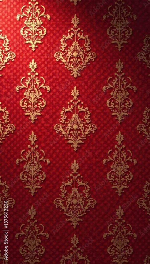 Classic damask pattern on red wallpaper with intricate gold and silver accents, elegant, damask Classic damask pattern on red wallpaper with intricate gold and silver accents, elegant, damask