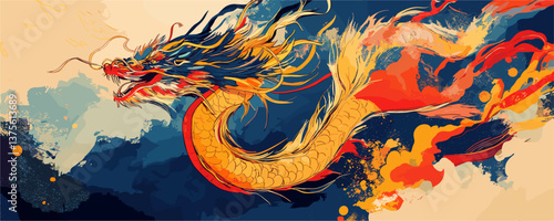 Majestic chinese dragon with fiery colors and dynamic movement – vector.