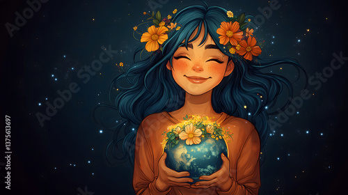 Wallpaper Mural Earth in Bloom: A smiling woman gently cradles a vibrant earth, adorned with flourishing flowers, a testament to the beauty and fragility of our world. Torontodigital.ca