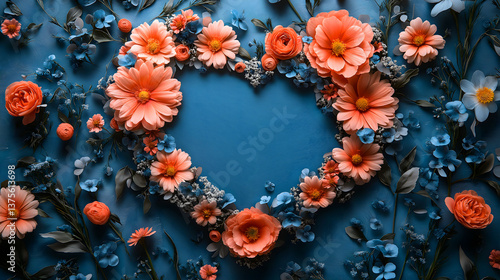 Wallpaper Mural Floral Heart: A stunning heart shape composed of vibrant orange and blue blossoms, set against a soft blue backdrop, symbolizing love, beauty, and affection. Torontodigital.ca