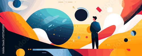 Abstract scene with person staring at geometric shapes and colorful landscape, vector.