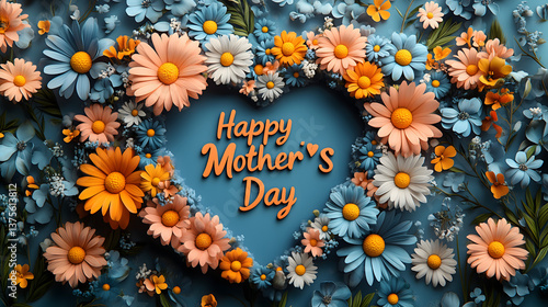 Wallpaper Mural Mother's Day Floral: A vibrant array of colorful flowers artfully arranged to form a heart shape, with "Happy Mother's Day" elegantly inscribed within, celebrating the joy and love of motherhood. Torontodigital.ca