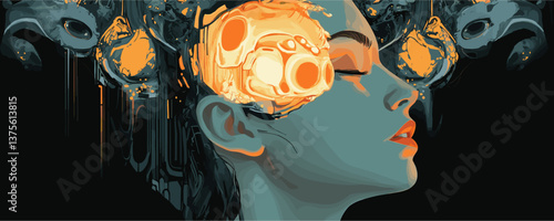 Surreal woman's dreamscape with abstract elements in profile view – vector.