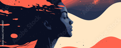 Surreal woman's silhouette with flowing hair and abstract background – vector.