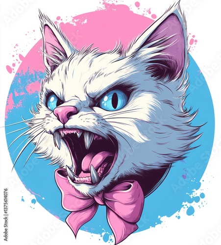 Angry Cartoon White Cat with Pink Bow Illustration on Blue Background photo