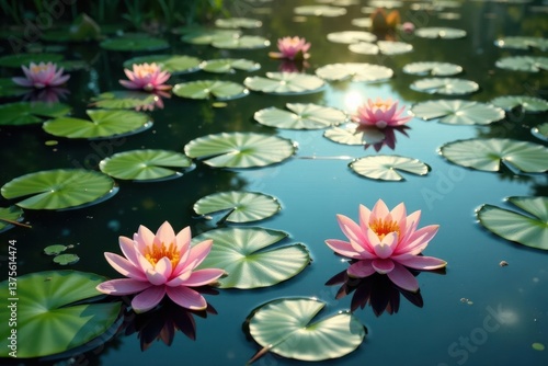 Water lilies forming a natural floral pattern across a lake, botanical, floral, plant