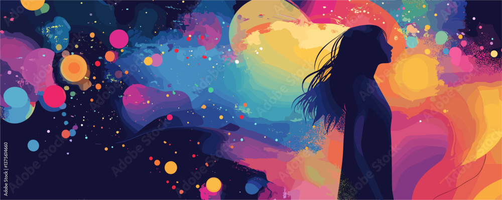 Silhouette of a woman against vibrant colorful abstract background - vector. Silhouette of a woman against vibrant colorful abstract background - vector.