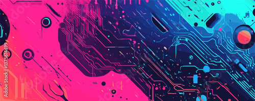 Futuristic neon circuit board design with abstract geometric patterns and vibrant colors vector.