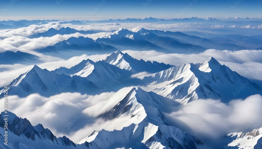 Fototapeta premium A breathtaking panoramic view of snow-capped mountains piercing through a sea of clouds under a clear blue sky