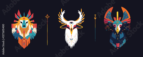 Abstract animal totem design with owl, deer, and fox symbols – dark background, vector.