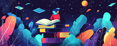 Surreal nighttime reading scene with colorful foliage and open book vector.