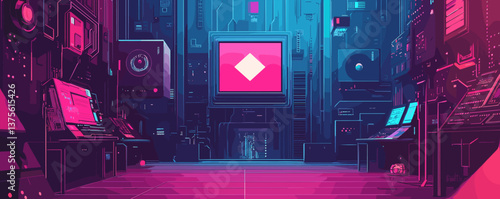 Futuristic neon control room with digital screens and high-tech equipment - vector.