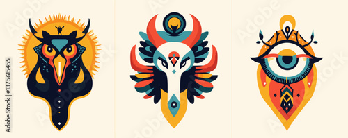 Ornate mythical animal designs in vibrant tribal style vector.