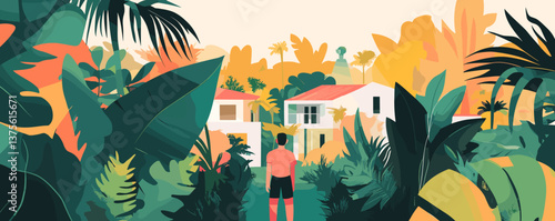 Tropical oasis with colorful houses and lush foliage in a scenic jungle vector.