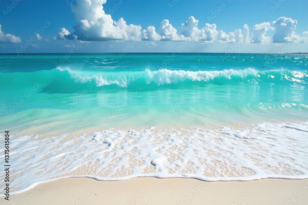 Ocean waves crashing on white sand beach with foamy turquoise water and coral reefs in background , coral reef, blue, ocean Ocean waves crashing on white sand beach with foamy turquoise water and coral reefs in background , coral reef, blue, ocean