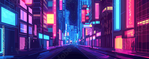 Futuristic neon city street at night with bright lights and skyscrapers - vector.