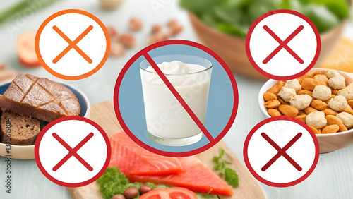 dietary restrictions gluten free No dairy foods allowed with visual indicators of restrictions on various food items.