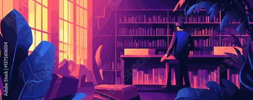Man in library surrounded by books and plants during sunset - vector.
