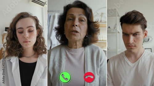 Three individuals take part in a split screen online call, each engaged in a conversation. The woman appears to be addressing the others seriously, highlighting emotional dynamics.