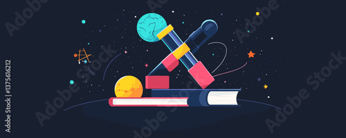 Space-themed science books and telescope on starry night background – vector.