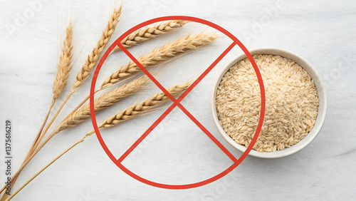 dietary restrictions gluten free Wheat and rice in a bowl, with a red prohibition sign, symbolizing gluten-free choices.