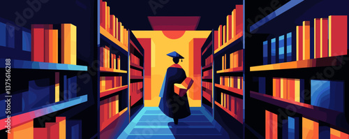 Graduate student in library aisle with books, colorful abstract design, education theme, vector.