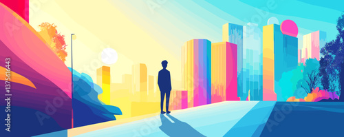 Colorful urban landscape with silhouette of man and skyscrapers at sunrise vector.